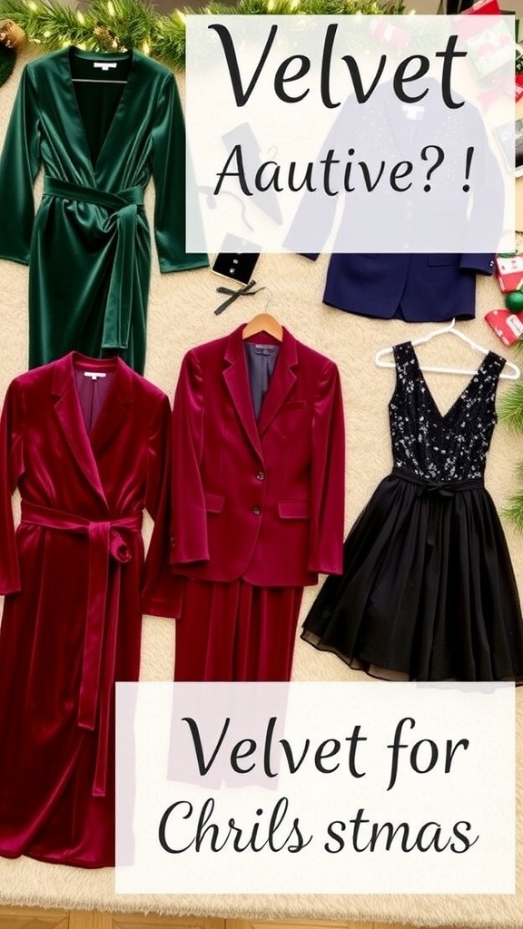A collection of elegant velvet Christmas outfits including a dress, suit, jumpsuit, and skirt on a festive background.